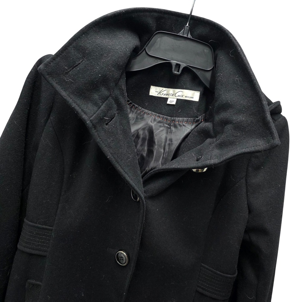 Kenneth Cole New York Black Wool Blend Hooded Pea Coat Womens 4P Funnel Neck